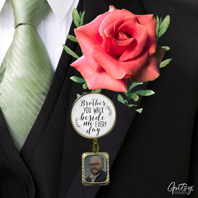 Groom's Boutonniere Pin Wedding Memorial Honor Brother Bronze White Cream Photo Picture Frame Charm