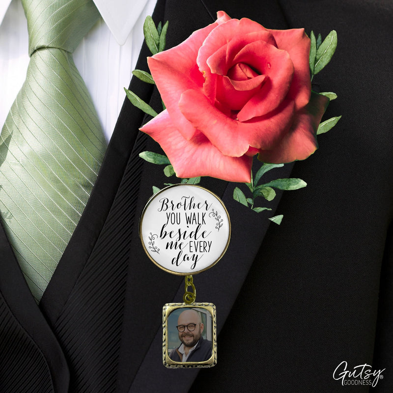 Groom's Boutonniere Pin Wedding Memorial Honor Brother Bronze White Cream Photo Picture Frame Charm