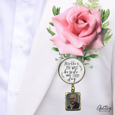 Groom's Boutonniere Pin Wedding Memorial Honor Brother Bronze White Cream Photo Picture Frame Charm