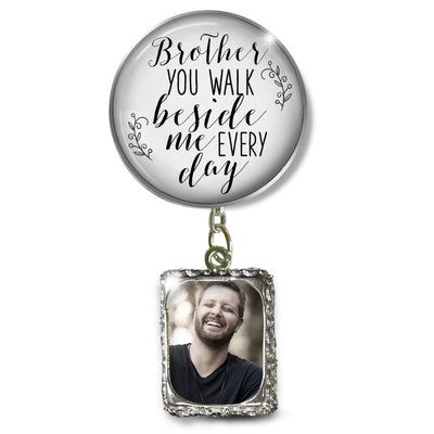 Groom's Boutonniere Pin Wedding Memorial Honor Brother Silver White Cream Photo Picture Frame Charm