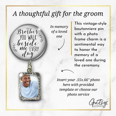 Groom's Boutonniere Pin Wedding Memorial Honor Brother Silver White Cream Photo Picture Frame Charm