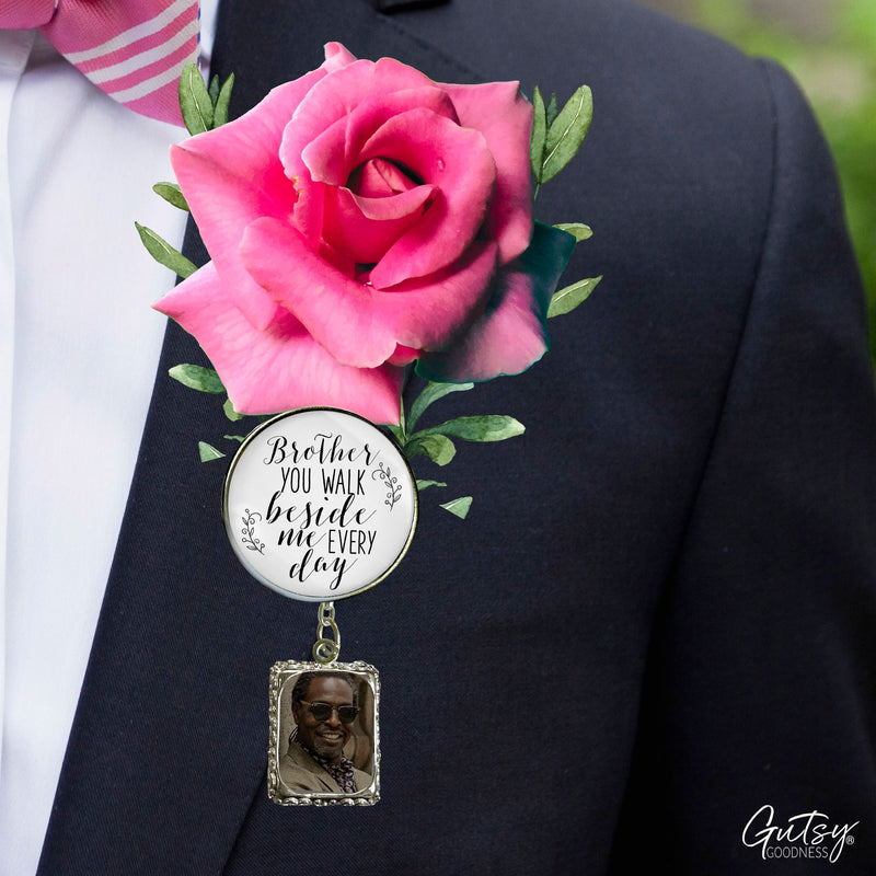 Groom's Boutonniere Pin Wedding Memorial Honor Brother Silver White Cream Photo Picture Frame Charm