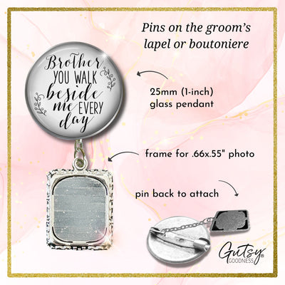 Groom's Boutonniere Pin Wedding Memorial Honor Brother Silver White Cream Photo Picture Frame Charm