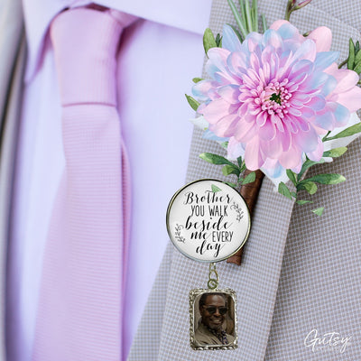 Groom's Boutonniere Pin Wedding Memorial Honor Brother Silver White Cream Photo Picture Frame Charm