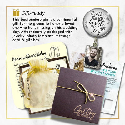 Groom's Boutonniere Pin Wedding Memorial Honor Brother Silver White Cream Photo Picture Frame Charm