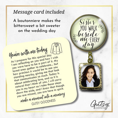 Groom's Boutonniere Pin Wedding Memorial Honor Sister Bronze White Cream Photo Picture Frame Charm