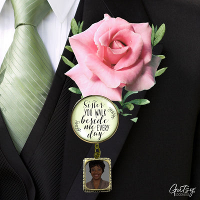 Groom's Boutonniere Pin Wedding Memorial Honor Sister Bronze White Cream Photo Picture Frame Charm