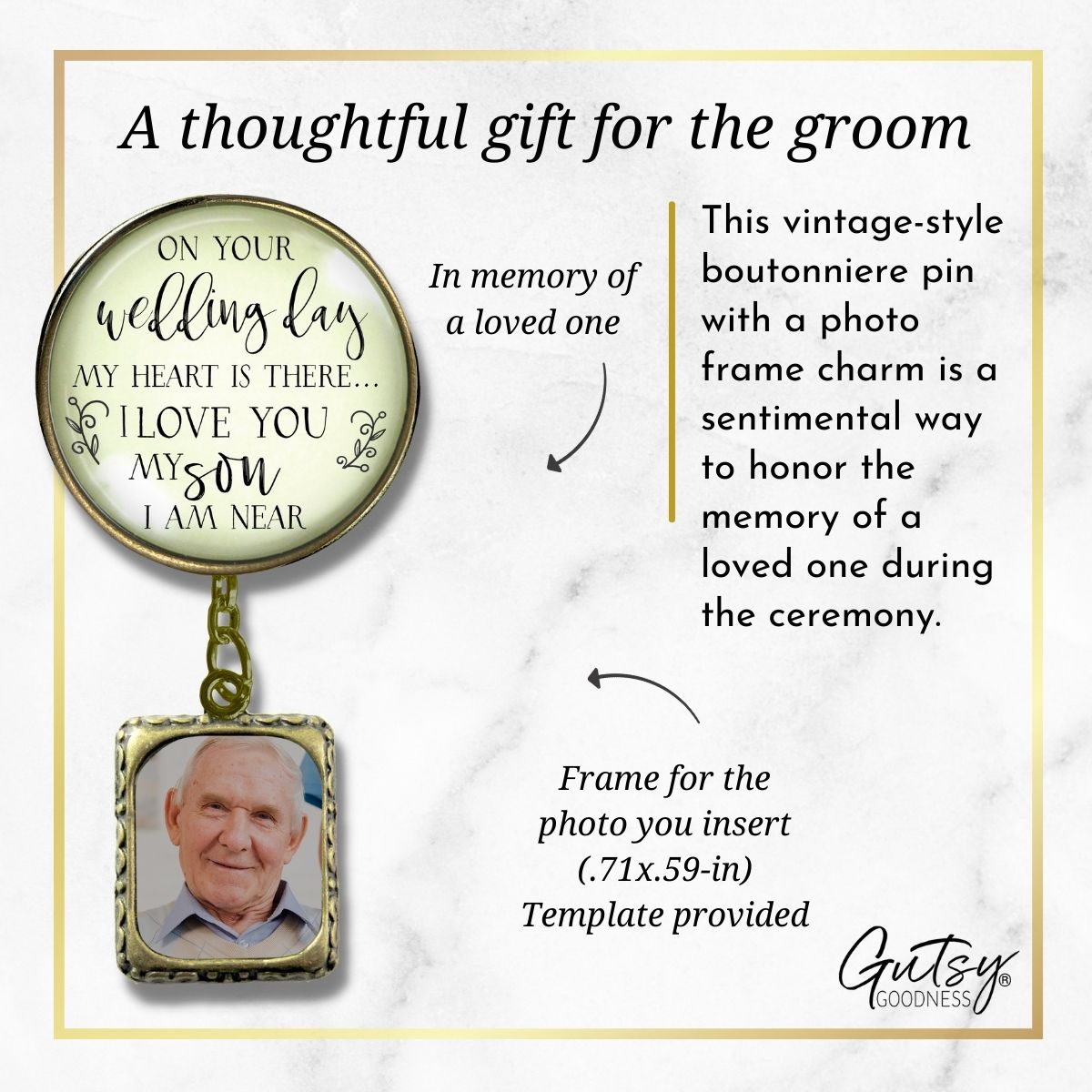 Groom's Boutonniere Pin Wedding Parents Memorial for Son Bronze Photo Picture Frame Charm