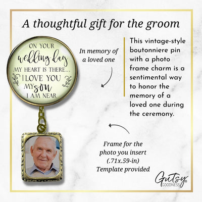 Groom's Boutonniere Pin Wedding Parents Memorial for Son Bronze Photo Picture Frame Charm