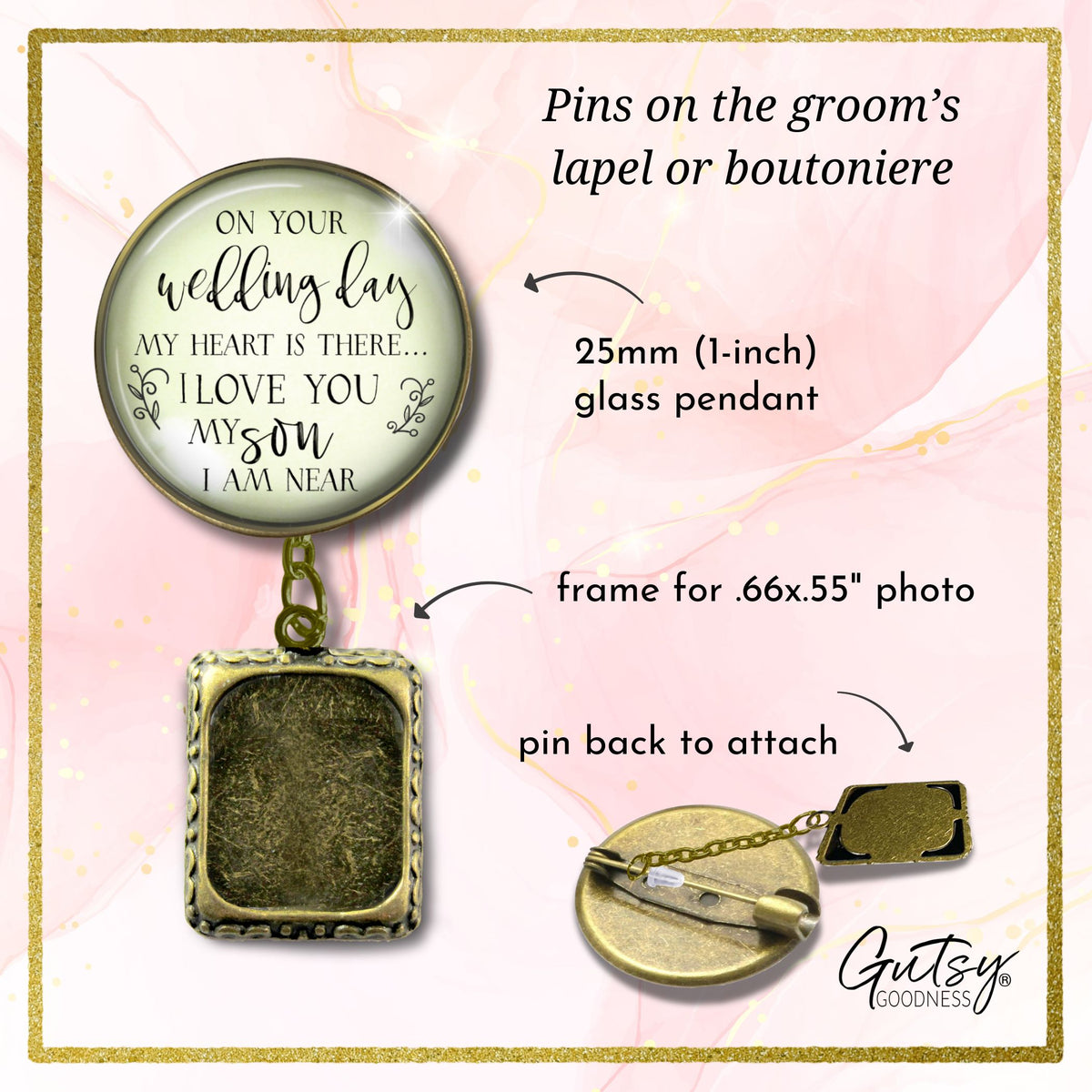 Groom's Boutonniere Pin Wedding Parents Memorial for Son Bronze Photo Picture Frame Charm