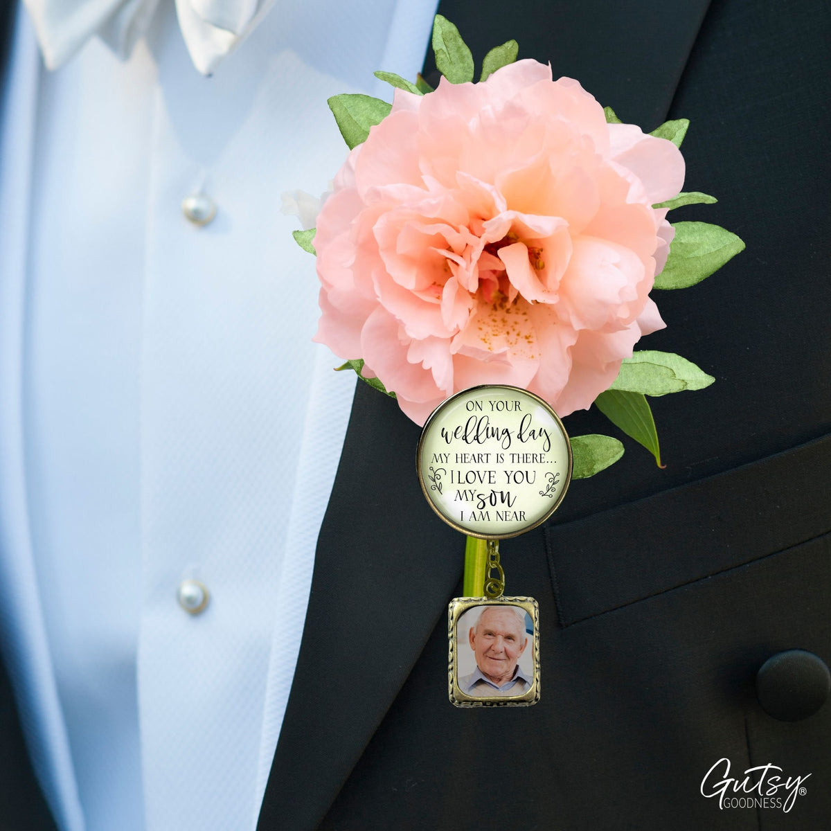 Groom's Boutonniere Pin Wedding Parents Memorial for Son Bronze Photo Picture Frame Charm