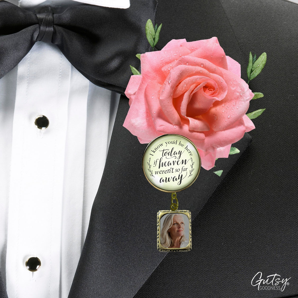 Groom's Boutonniere Pin Wedding Memorial I Know You'd Be.. Heaven Bronze Photo Picture Frame Charm