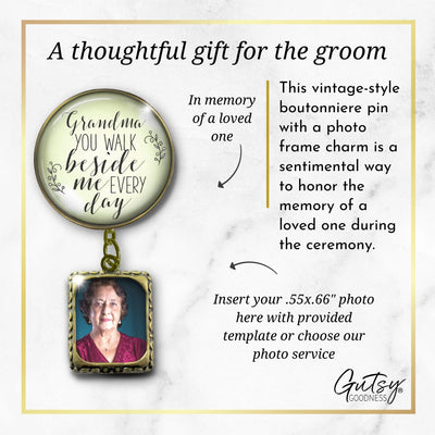 Groom's Boutonniere Pin Wedding Memorial Grandma You Walk Bronze White Photo Picture Frame Charm
