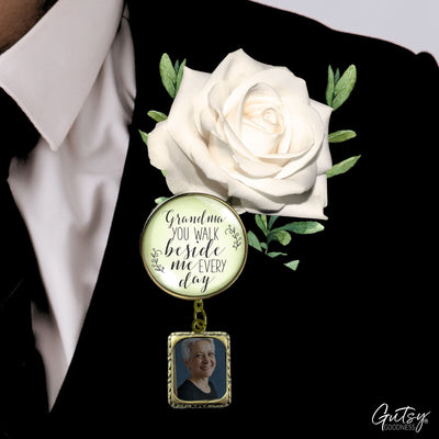 Groom's Boutonniere Pin Wedding Memorial Grandma You Walk Bronze White Photo Picture Frame Charm