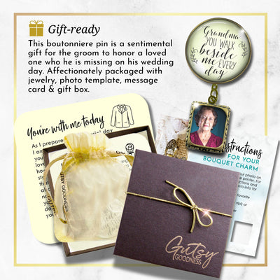 Groom's Boutonniere Pin Wedding Memorial Grandma You Walk Bronze White Photo Picture Frame Charm