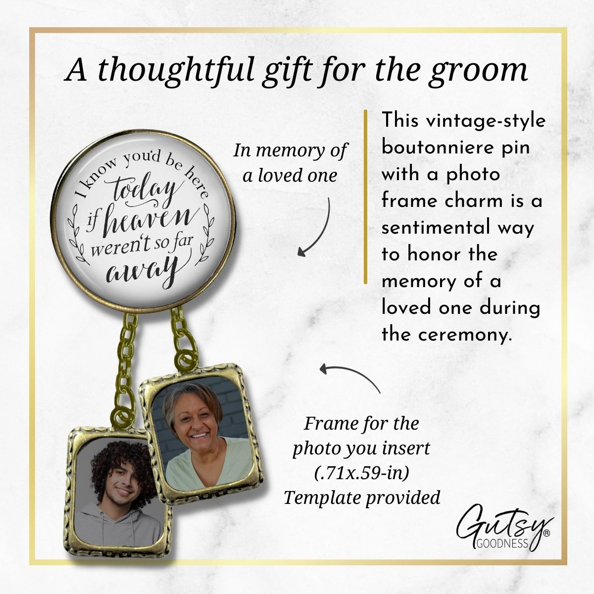 Groom's Boutonniere Pin Wedding Memorial I Know You'd Be.. Heaven Bronze Photo Picture Frame Charm