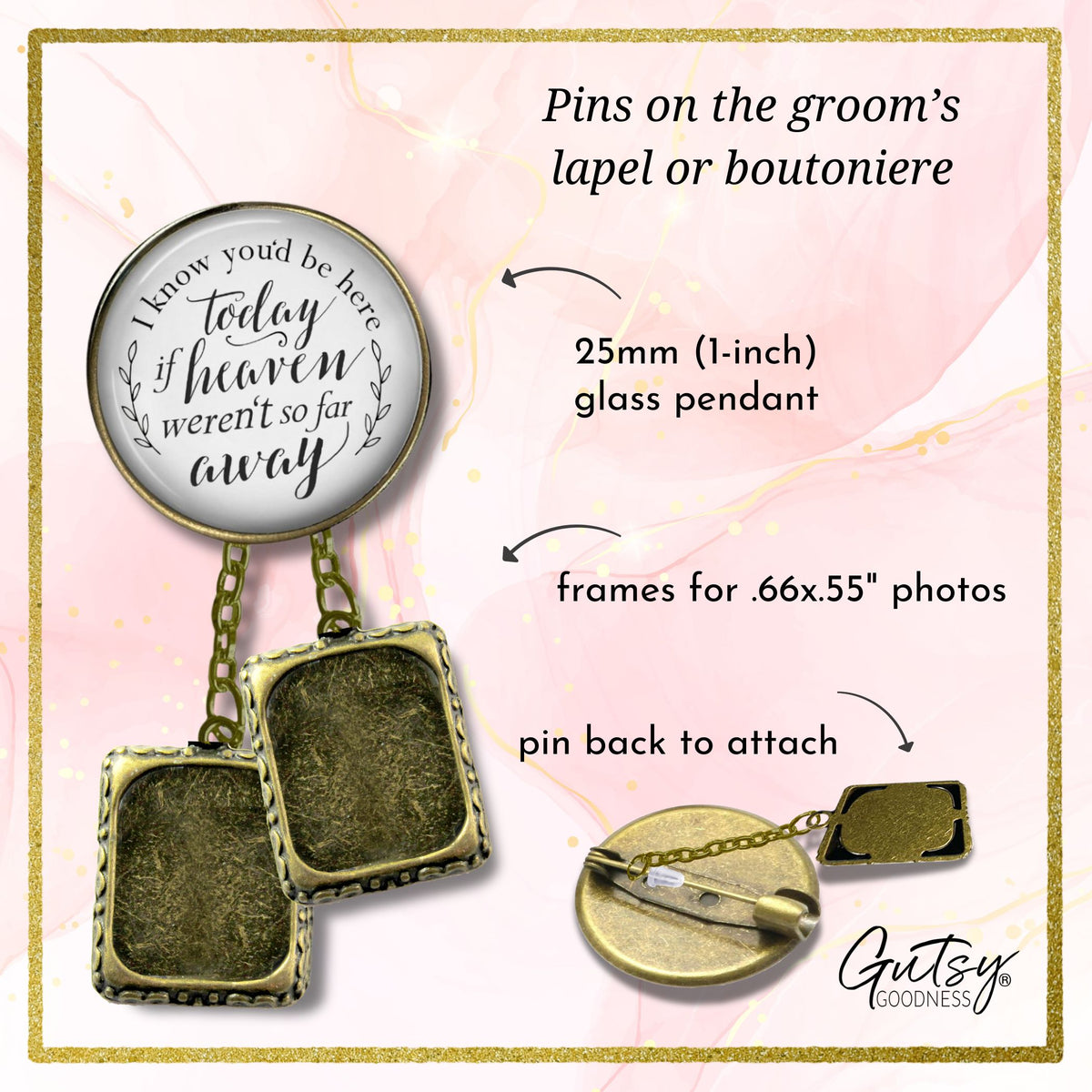 Groom's Boutonniere Pin Wedding Memorial I Know You'd Be.. Heaven Bronze Photo Picture Frame Charm