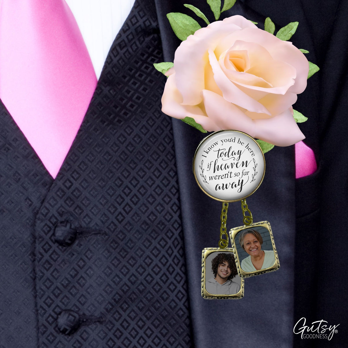 Groom's Boutonniere Pin Wedding Memorial I Know You'd Be.. Heaven Bronze Photo Picture Frame Charm