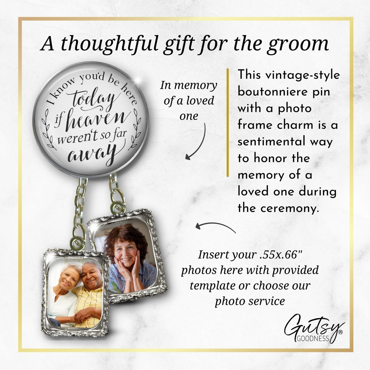 Groom's Boutonniere Pin Wedding Memorial I Know You'd Be.. Heaven Silver Photo Picture Frame Charm