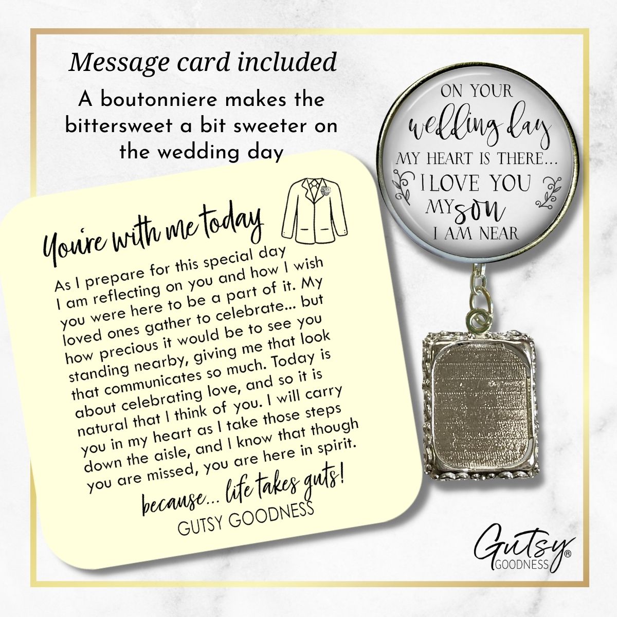 Groom's Boutonniere Pin Wedding Parents Memorial for Son Silver Photo Picture Frame Charm