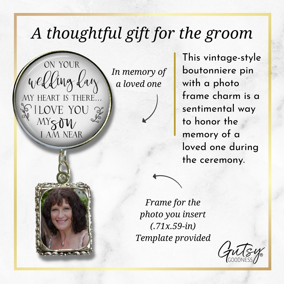 Groom's Boutonniere Pin Wedding Parents Memorial for Son Silver Photo Picture Frame Charm