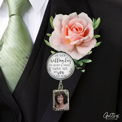 Groom's Boutonniere Pin Wedding Parents Memorial for Son Silver Photo Picture Frame Charm