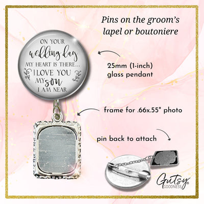 Groom's Boutonniere Pin Wedding Parents Memorial for Son Silver Photo Picture Frame Charm