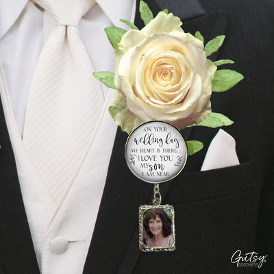 Groom's Boutonniere Pin Wedding Parents Memorial for Son Silver Photo Picture Frame Charm