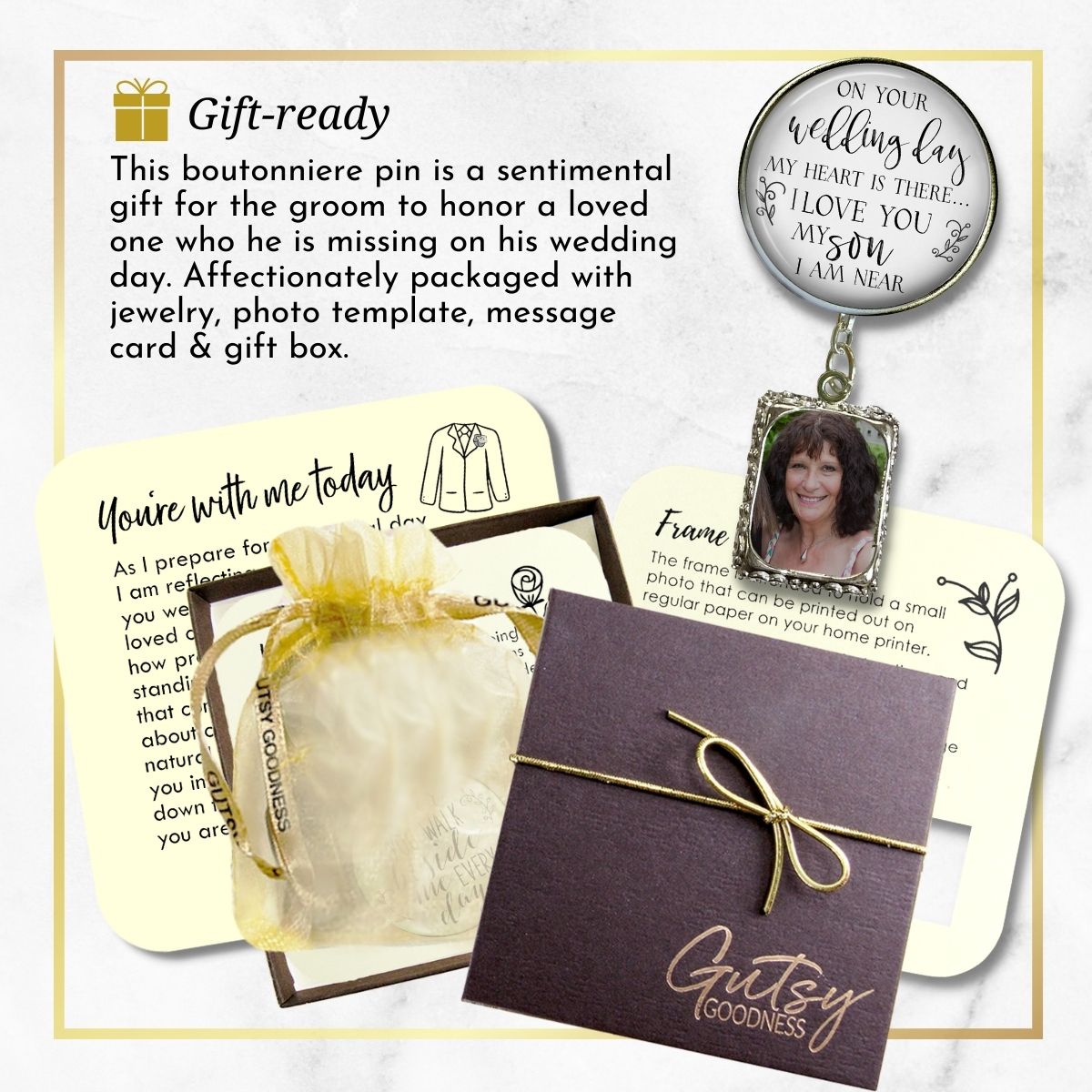 Groom's Boutonniere Pin Wedding Parents Memorial for Son Silver Photo Picture Frame Charm