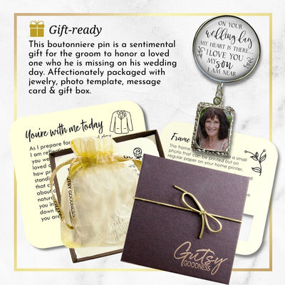 Groom's Boutonniere Pin Wedding Parents Memorial for Son Silver Photo Picture Frame Charm