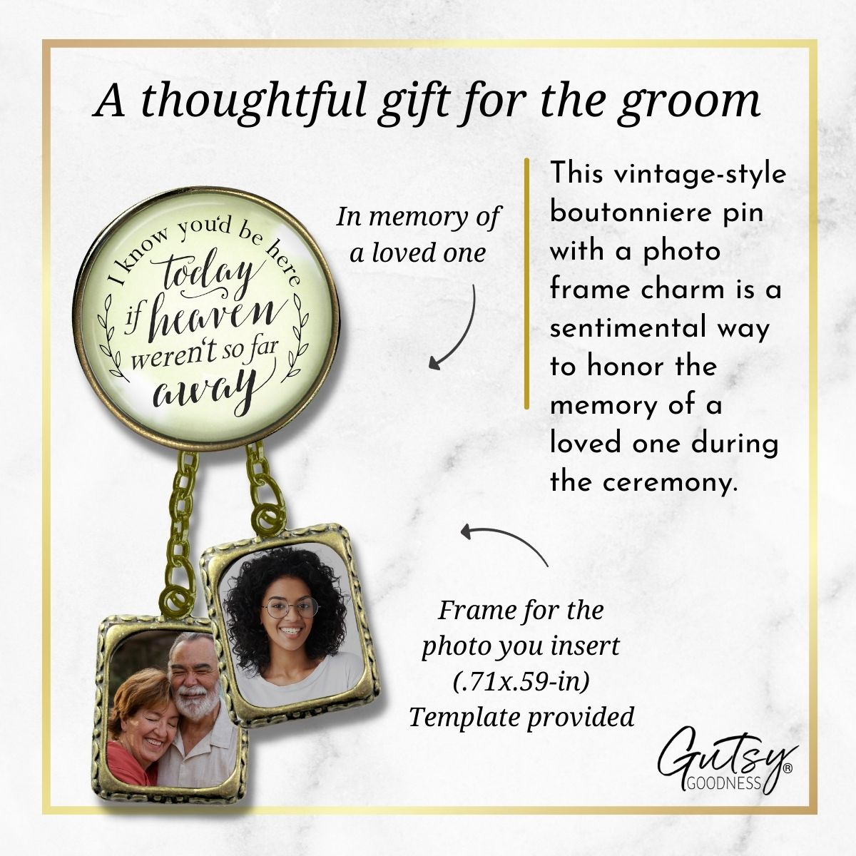 Groom's Boutonniere Pin Wedding Memorial I Know You'd Be.. Heaven Bronze Photo Picture Frame Charm