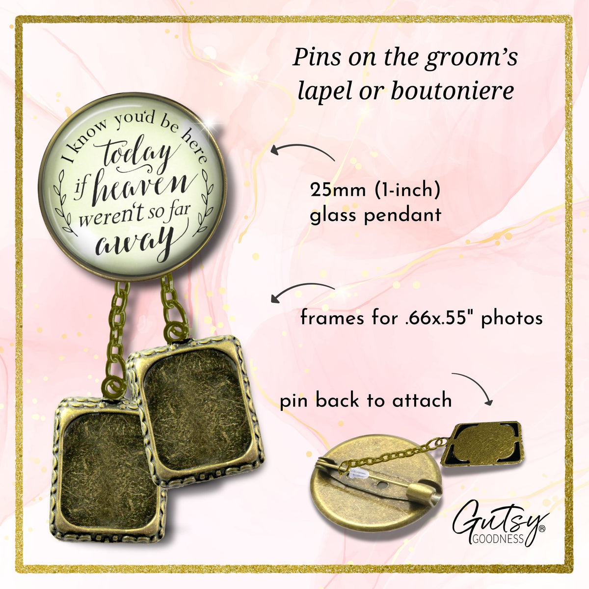 Groom's Boutonniere Pin Wedding Memorial I Know You'd Be.. Heaven Bronze Photo Picture Frame Charm