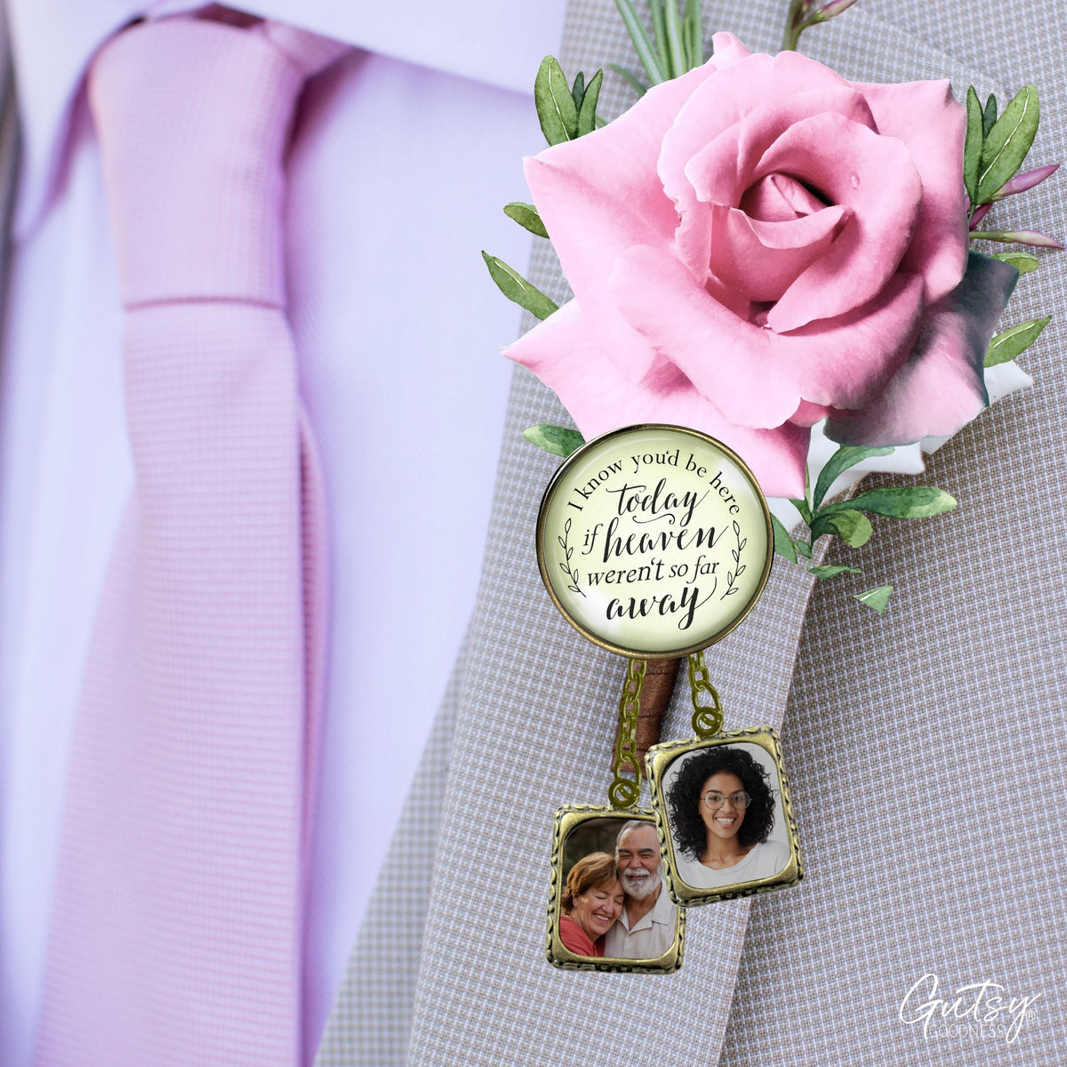 Groom's Boutonniere Pin Wedding Memorial I Know You'd Be.. Heaven Bronze Photo Picture Frame Charm