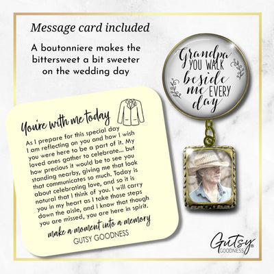 Groom's Boutonniere Pin Wedding Memorial Grandpa You Walk Bronze White Photo Picture Frame Charm
