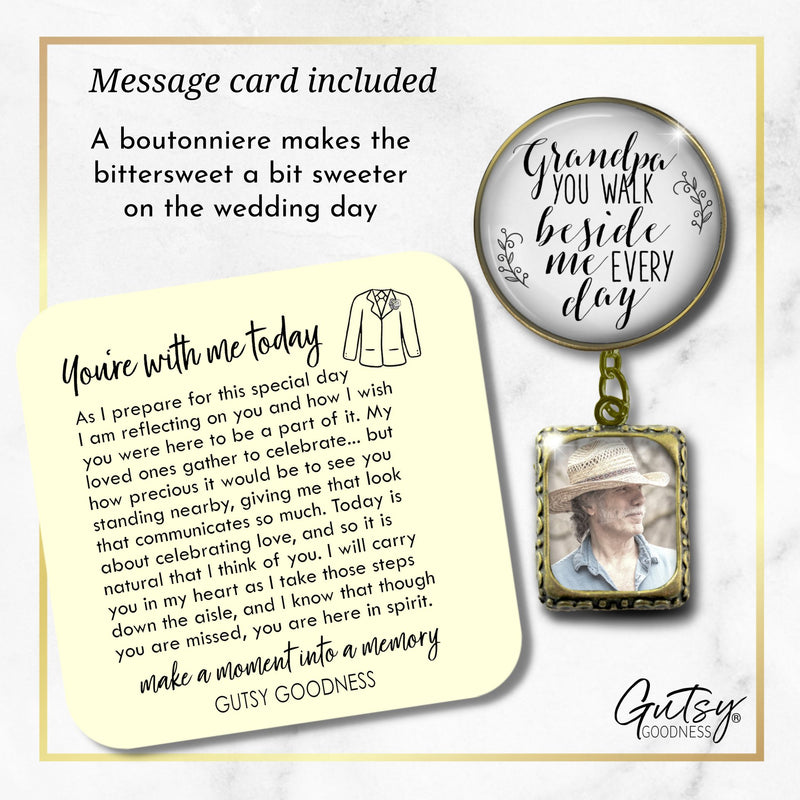 Groom's Boutonniere Pin Wedding Memorial Grandpa You Walk Bronze White Photo Picture Frame Charm