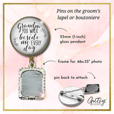 Groom's Boutonniere Pin Wedding Memorial Grandpa You Walk Bronze White Photo Picture Frame Charm