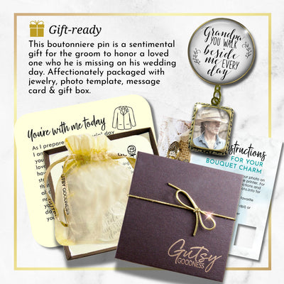 Groom's Boutonniere Pin Wedding Memorial Grandpa You Walk Bronze White Photo Picture Frame Charm