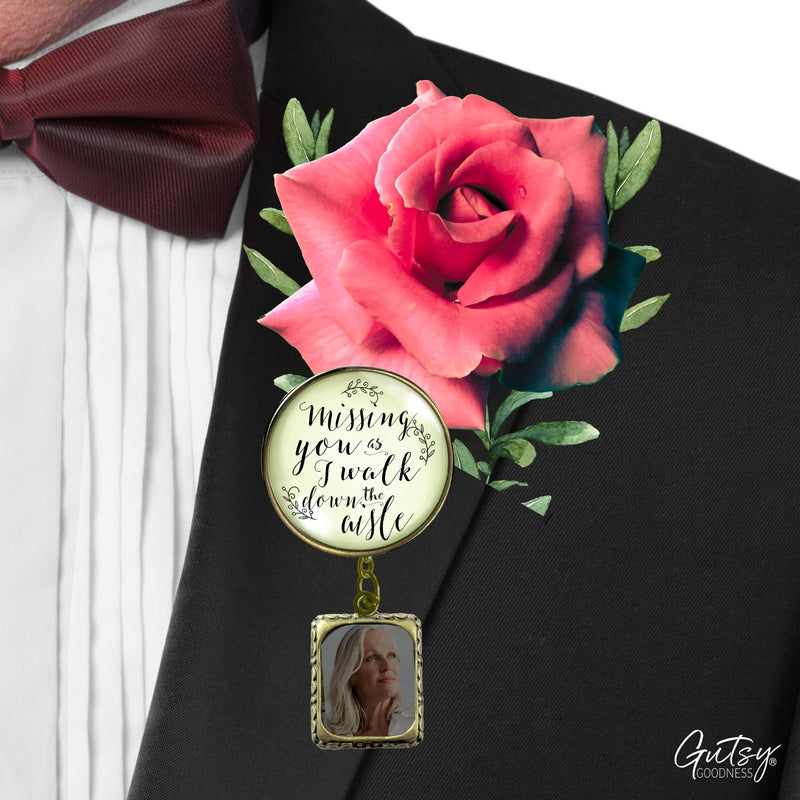Groom's Boutonniere Pin Wedding Memorial Missing You As I Walk Bronze Photo Picture Frame Charm