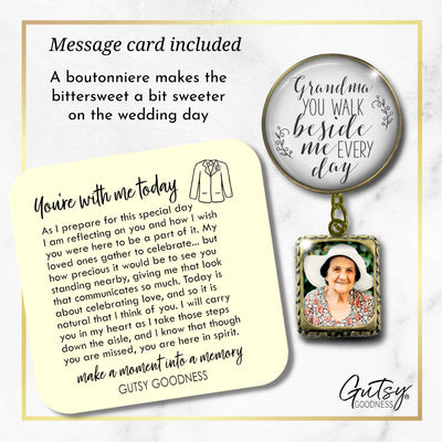 Groom's Boutonniere Pin Wedding Memorial Grandma You Walk Bronze White Photo Picture Frame Charm