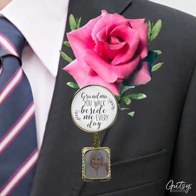 Groom's Boutonniere Pin Wedding Memorial Grandma You Walk Bronze White Photo Picture Frame Charm
