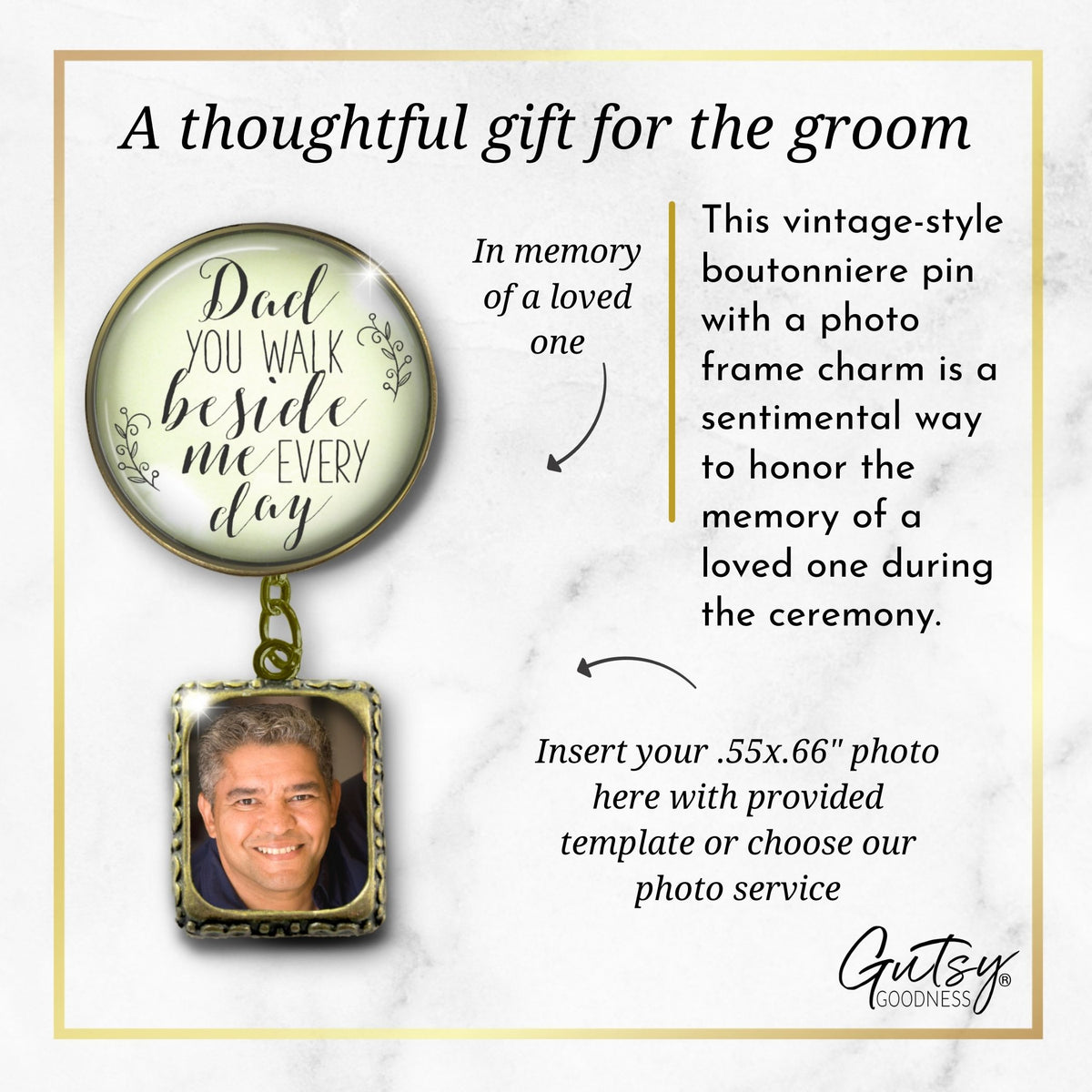 Wedding Memorial Boutonniere Pin Photo Frame Honor Father Dad Bronze White For Men