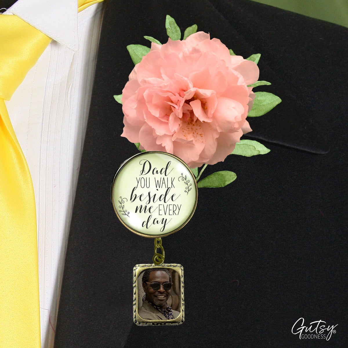 Wedding Memorial Boutonniere Pin Photo Frame Honor Father Dad Bronze White For Men