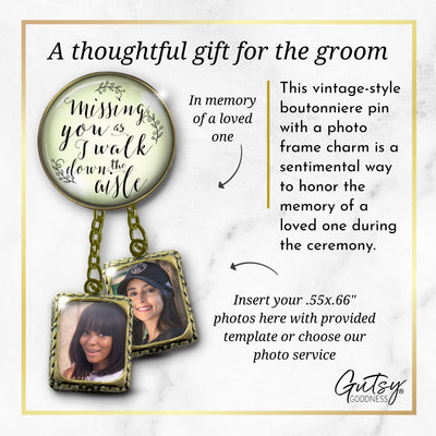 Groom's Boutonniere Pin Wedding Memorial Missing You As I Walk Bronze Photo Picture Frame Charm