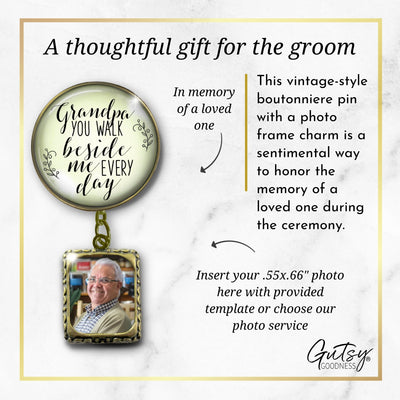 Groom's Boutonniere Pin Wedding Memorial Grandpa You Walk Bronze White Photo Picture Frame Charm