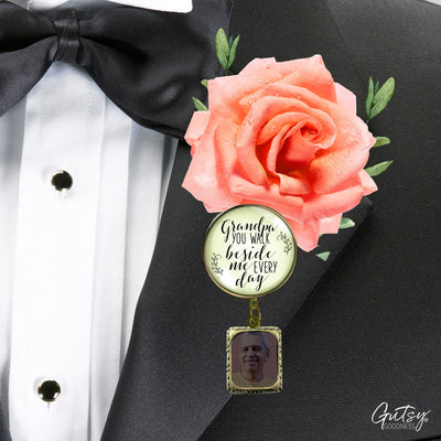 Groom's Boutonniere Pin Wedding Memorial Grandpa You Walk Bronze White Photo Picture Frame Charm