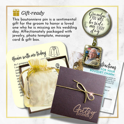Groom's Boutonniere Pin Wedding Memorial Grandpa You Walk Bronze White Photo Picture Frame Charm