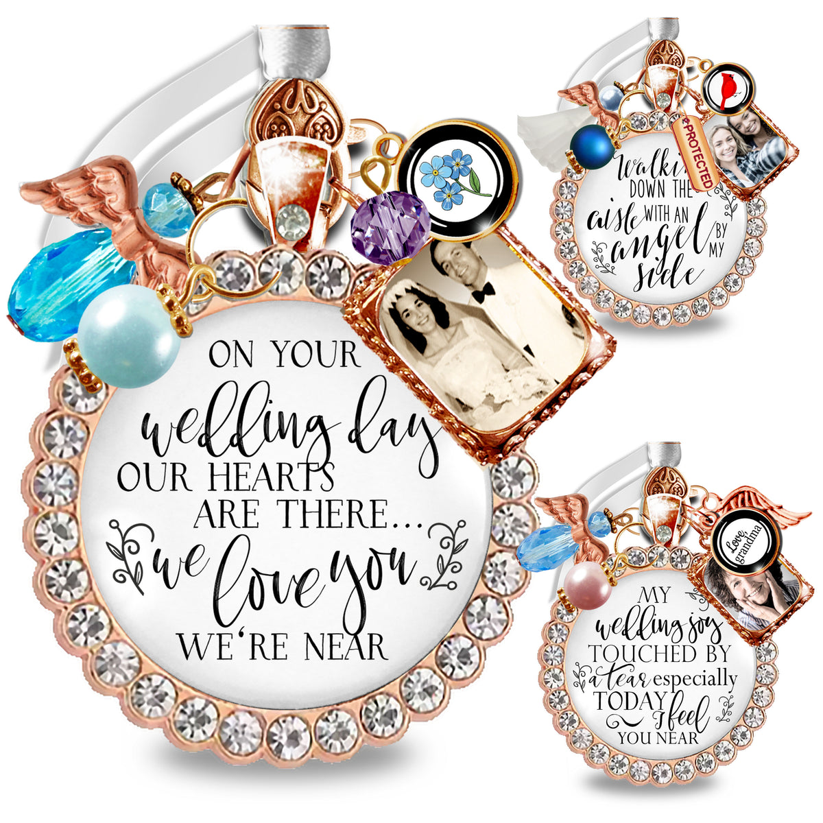 Collection of custom rose gold bridal bouquet memorial charms featuring sparkling rhinestone borders, personalized photo frames, and sentimental quotes including "On your wedding day our hearts are there we love you we're near," accented with blue crystals, purple gemstones, and angel wing charms.