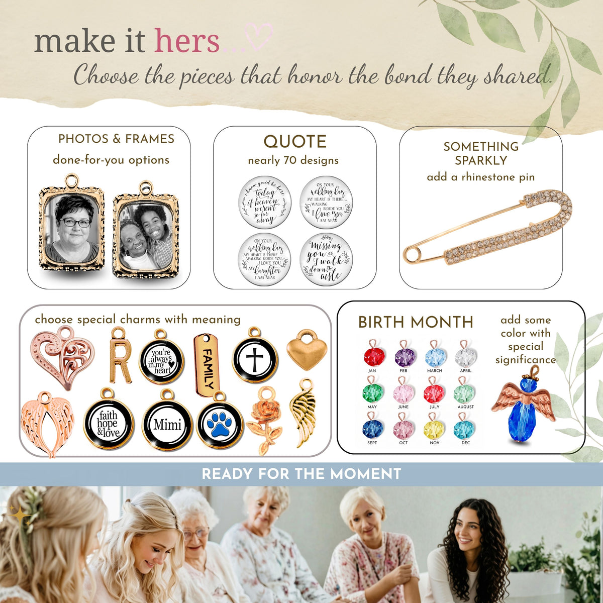 Custom rose gold bridal bouquet charm brooch pin featuring a personalized photo frame, paw print pet memorial charm, crystal cross, and something blue angel wing charm pinned to a wedding bouquet.