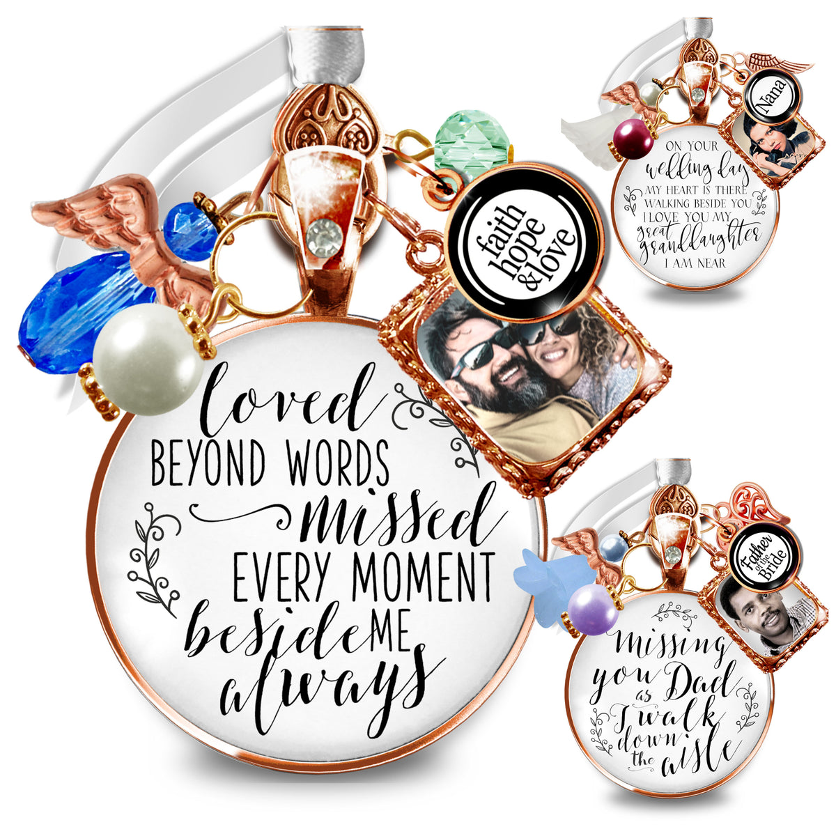 Collection of custom rose gold bridal bouquet memorial charms featuring personalized photo frames and sentimental quote pendants including "Loved Beyond Words, Missed Every Moment Beside Me Always," "Missing You Dad as I Walk Down the Aisle," and "My Great-Granddaughter," accented with pearls, crystal beads, and faith charms.