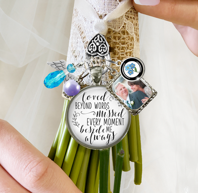 Personalized wedding bouquet memorial charm accented with lavender pearl bead and Forget Me Not flower charm, teal colored beaded something blue angel charm, and custom picture frame wit photo of loved ones